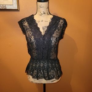 Lacy sheer Black Low V-Neck Button-up S/M Top